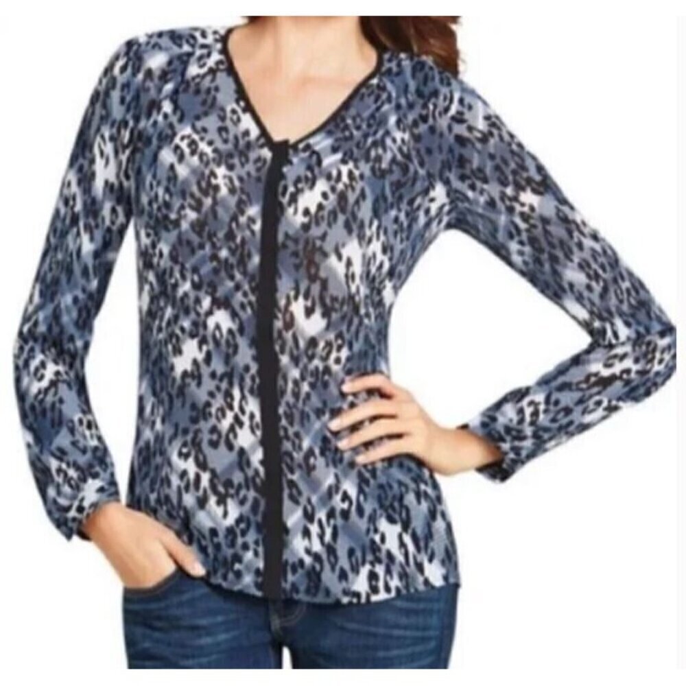Cabi Top Womens Medium Fatale Blue Black Animal Print Sheer Button Up Boho 977